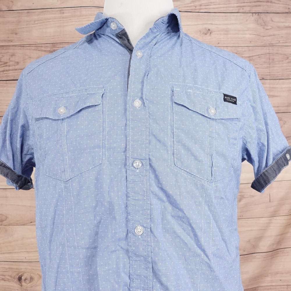 Marc Ecko Cut & Sew Shirt Mens M Blue Polka Dot Short Sleeve Button-Up Chambray
